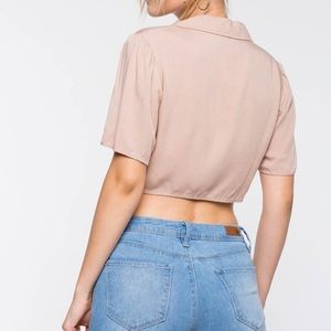 Hers & Mine Tops - New Taupe Tie Waist Short Sleeves Woven Crop Top Hers & Mine Tops - New Taupe Tie Waist Short Sleeves Woven Crop Top